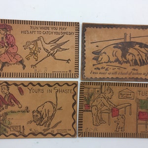 Vier antike Neuheit Leder Postkarten mit Tieren ~ Alle vier haben Briefmarken und Poststempel (J1)