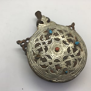 Vintage Moroccan Gunpowder Flask with Stone or Colored Glass Inserts
