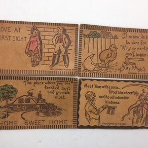 Vier antieke leren ansichtkaarten ~ Geen met poststempel (J1)