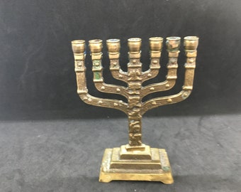 Vintage Small Brass Jewish Seven-Stem Menorah ~ Jerusalem ~ HBN HOLON Israel ~ 5" Tall