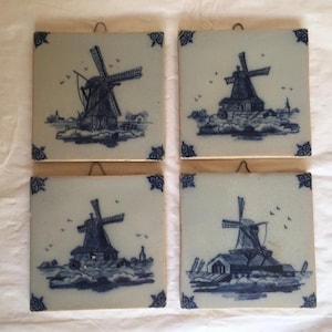 Vintage Dutch Tin Glazed Terracotta Tiles ~ Blue and White Windmill Decorator Tiles