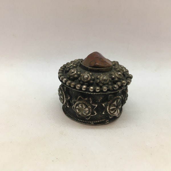 Vintage Tibetan Metal Pill Box with Red Stone Detail ~ Made in India