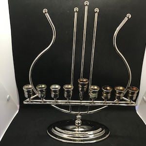 Vintage Metal Jewish Harp Hanukkah Menorah ~ Hebrew Menorah ~ 13.25 Inches Tall
