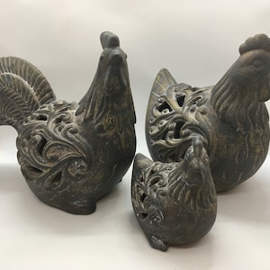 Pottery Rooster, Hen and Chick Figurines