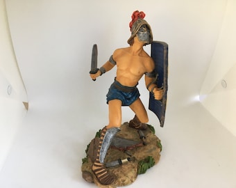 Vintage Resin Gladiator with Helmet, Sword and Shield Statue Figurine ~ Made China ~ 8.75" Tall
