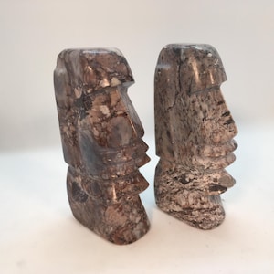 Two Small Pink Marble Stone Hand Carved Moai Easter Island Head Statues Figurines ~ 4.75&quot; Tall