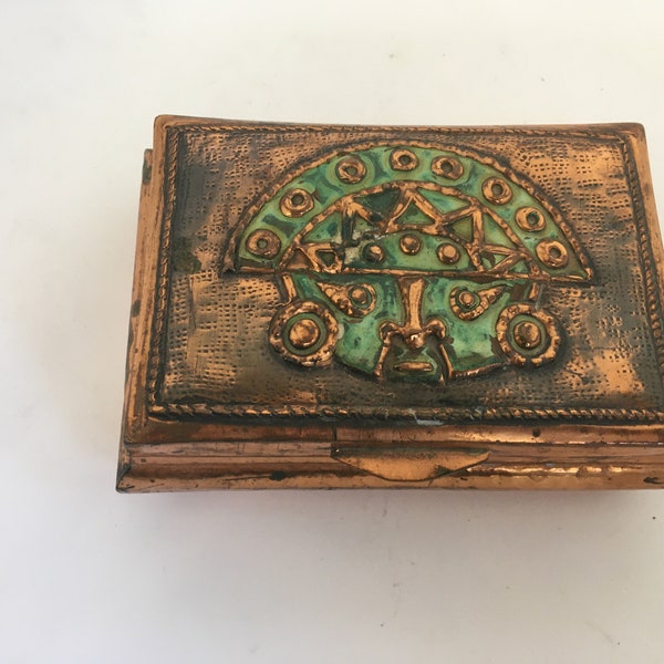 Hammered Copper and Wood Lined Box with Aztec Image on Top