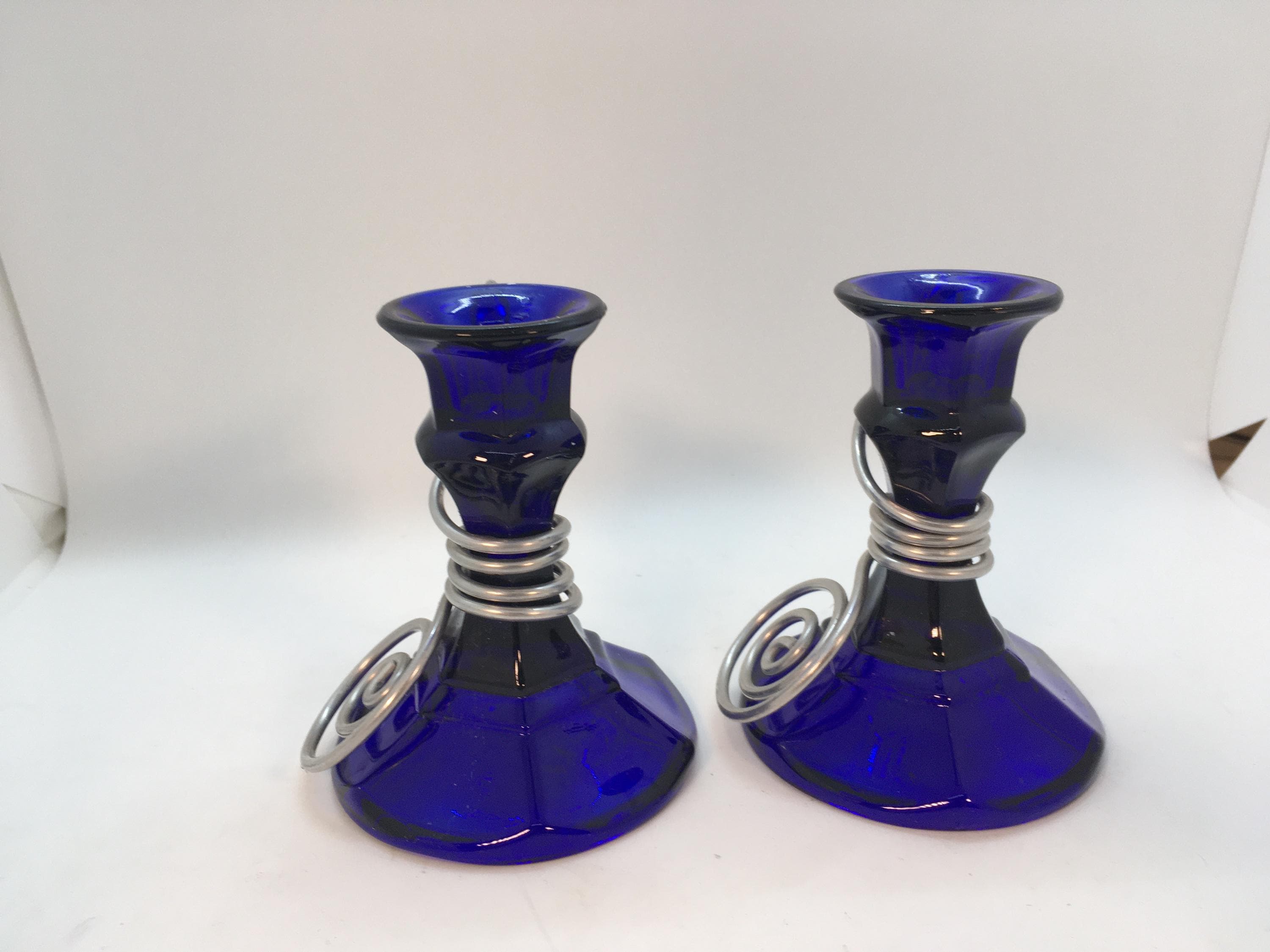 キャンドルスタンド 青いガラスのキャンドルホルダー コバルトブルー