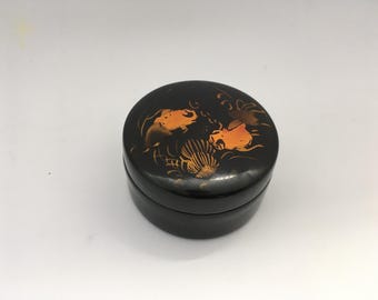 Asian Black Lacquer Trinket Box depicting Hand Painted Goldfish (Koi)
