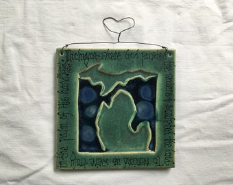State of Michigan Decorative Ceramic Tile by Gail Sloan Hilley ~ Inscription on Edge
