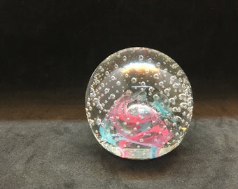 Signed Vintage Glass Paperweight: Pink & Blue Interior, Bubbles (2.5" Tall) (J1)
