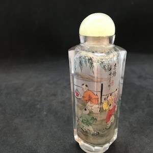 Vintage Chinese Reverse Painted 8-Sided Glass Snuff Bottle with Light Green Stone Stopper ~ Children Playing ~ 1980