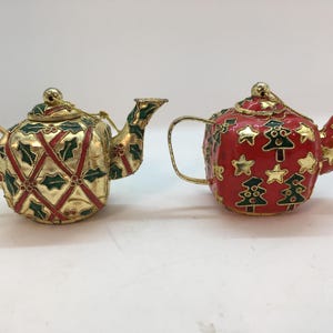 Vintage Chinese Cloisonne Enamel Teapot Christmas Ornaments (2 Total) ~ Gold Red
