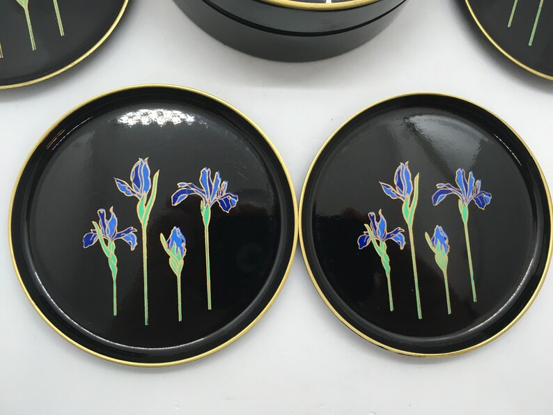 Otagiri Japanese Blue Iris Black Lacquerware/plastic Coasters Etsy