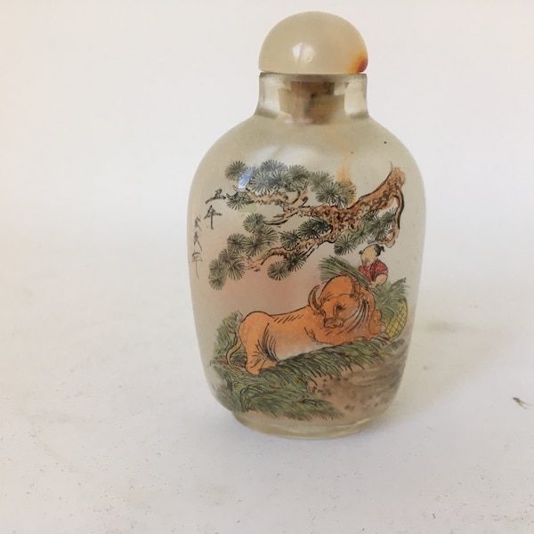 Chinese Glass Snuff Bottle ~ Reverse Painted Little Boy and Water Buffalo ~ Presentation Box