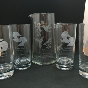 Vintage National Wildlife Federation Glaskrug und Trinkgläser (4 Gesamtgläser) ~ Geätzte Gläser mit Vögeln