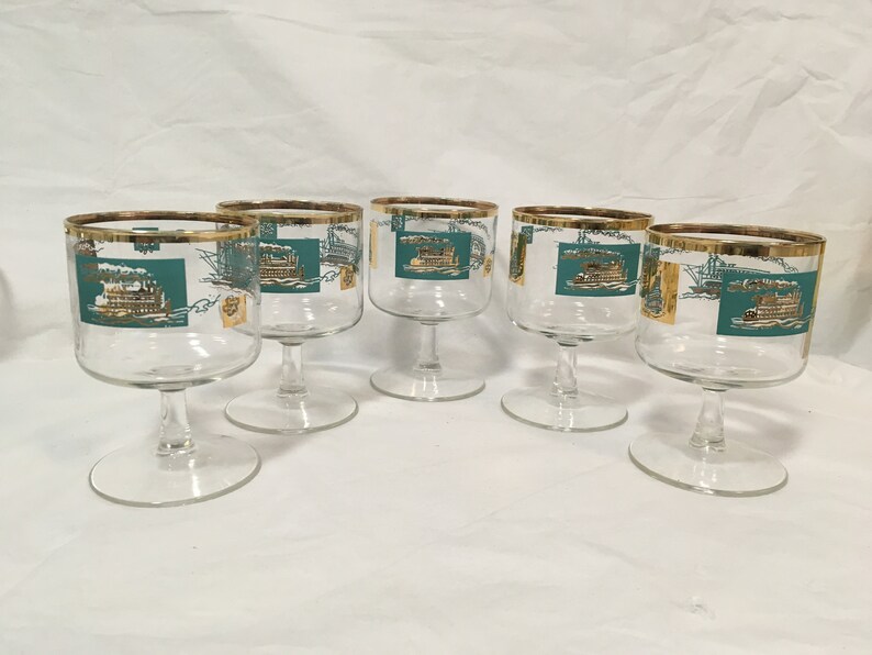 Mcm 1950s Libbey Southern Comfort Steamboat Turquoise And Gold Etsy