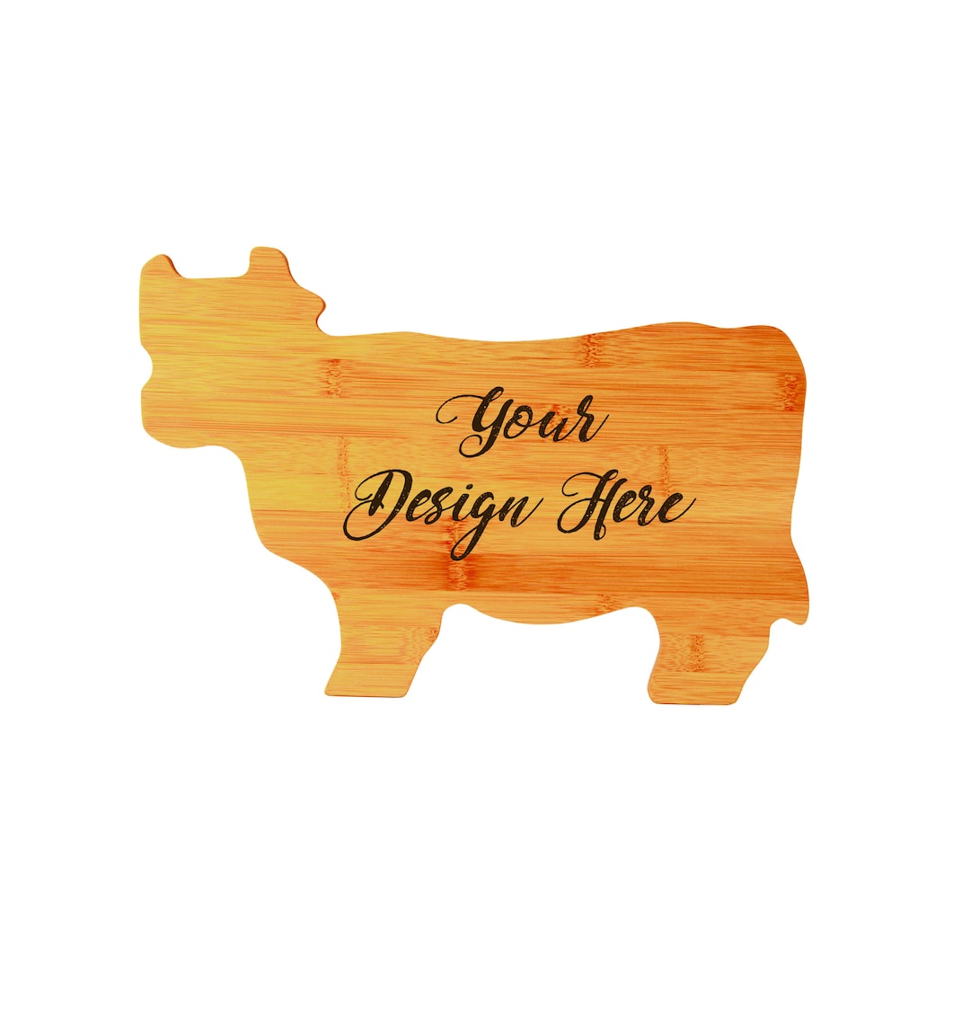 Bamboo Cow Shaped Cutting Board With Custom Laser Engraved Designs or