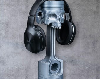 3D Printed Piston Reaper Head Phone Holder /  HeadPhone Stand / Silver / Gearhead / Man Cave