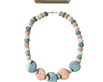 Vintage 1989 Avon Neutral Hues Disc Beaded Necklace Pastel Pink Blue 19” Box