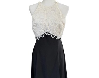Vintage 90s Y2K Scott McClintock Black White Cream Lace Fit & Flare Dress USA 14