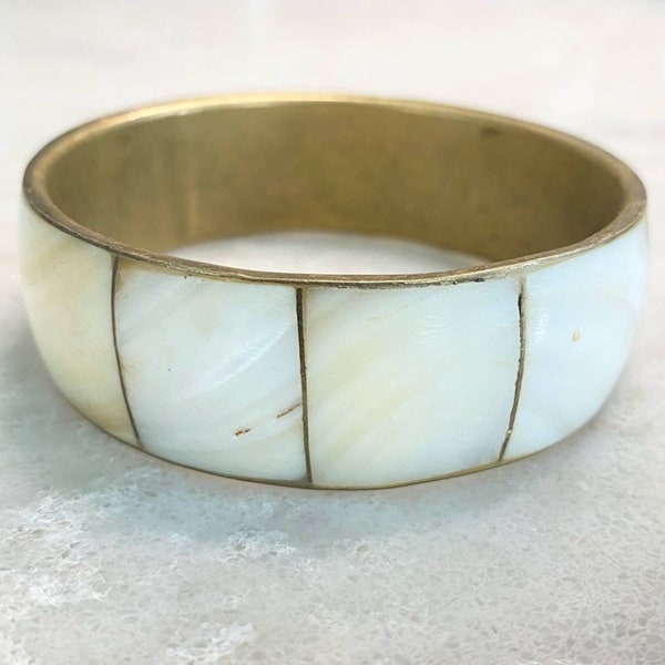 Vintage Brass and Shell Bangle Bracelet