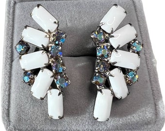 Vintage milk glass crystal rhinestone earrings