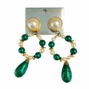 Vintage statement earrings, faux pearl, green image 1