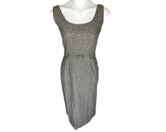 1960s Vintage Rhinestone Jeweled Gray Sheath Dress