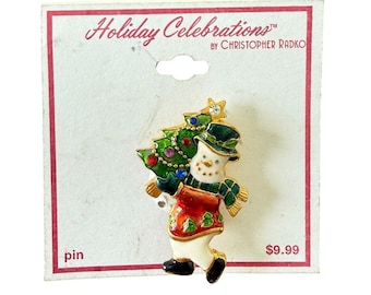 Vintage Christopher Radko Snowman Christmas Tree Brooch Pin Holiday Celebrations