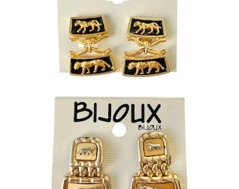 Vintage 1980s Bijoux Panther Earrings 2 Pair Lot NOS Gold Tone Black Clip On