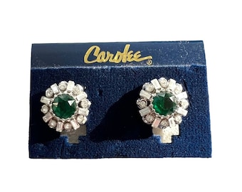 Vintage Carolee Art Deco Style Rhinestone Emerald Clip On Earrings