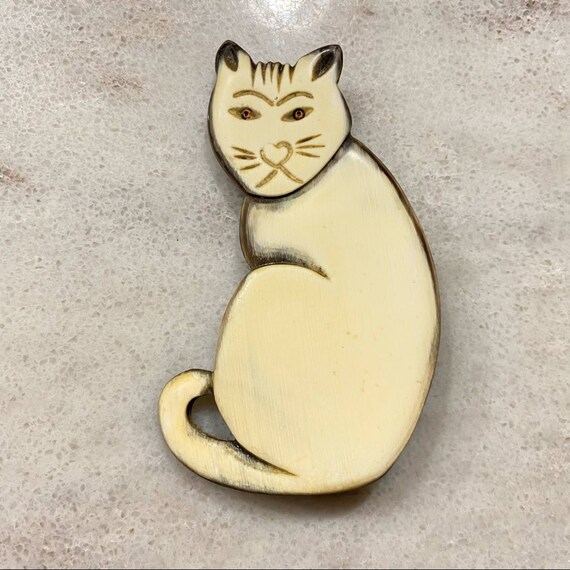 Vintage Hand Carved Celluloid Cat Brooch Pins - image 2