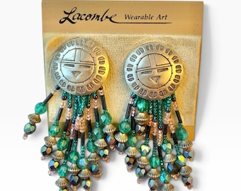 Vintage 1980s Lacombe Wearable Art Earrings NOS Nordstrom Southwestern Beaded