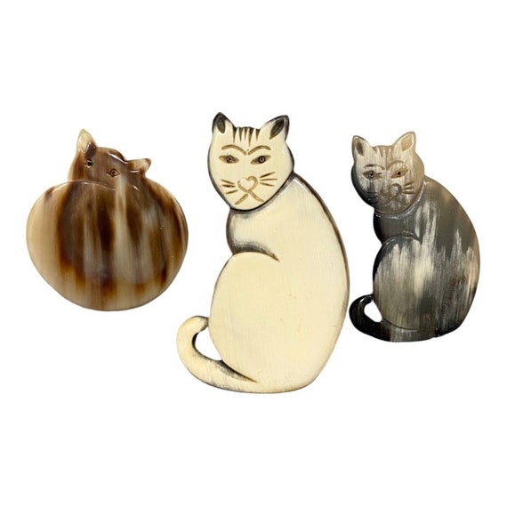 Vintage Hand Carved Celluloid Cat Brooch Pins - image 1