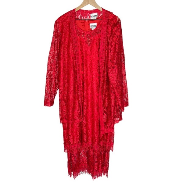 Vintage 90s Hosanna Red Lace Fridge Shift Dress with Lace Cardigan Plus size XL