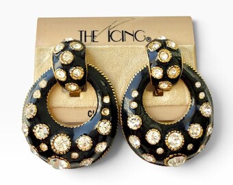 Vintage 1980s The Icing Convertible Statement Earrings Rhinestone Black Enamel