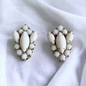 Vintage mid century Weiss milk glass rhinestone white clip on earrings