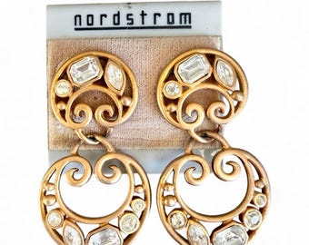 Vintage 1980s Nordstrom Rhinestone Statement Earrings Matte Gold Tone NOS