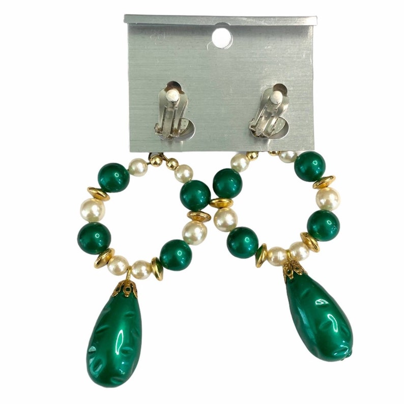 Vintage statement earrings, faux pearl, green image 2