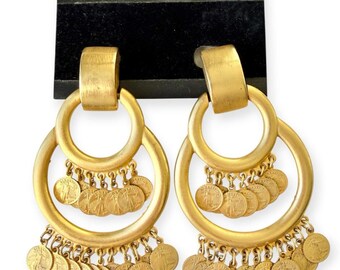 Vintage 1980s Ben-Amun Coin Statement Earrings Lady Liberty Gold Tone Signed
