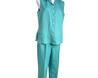 Vintage Y2K Linen Blend 2pc Pant Set Laura Scott Teal Embroidered Beaded 14P