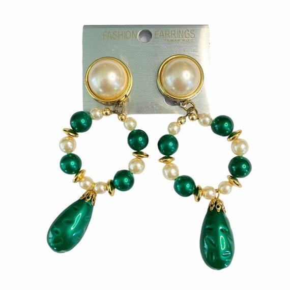 Vintage statement earrings, faux pearl, green - image 1
