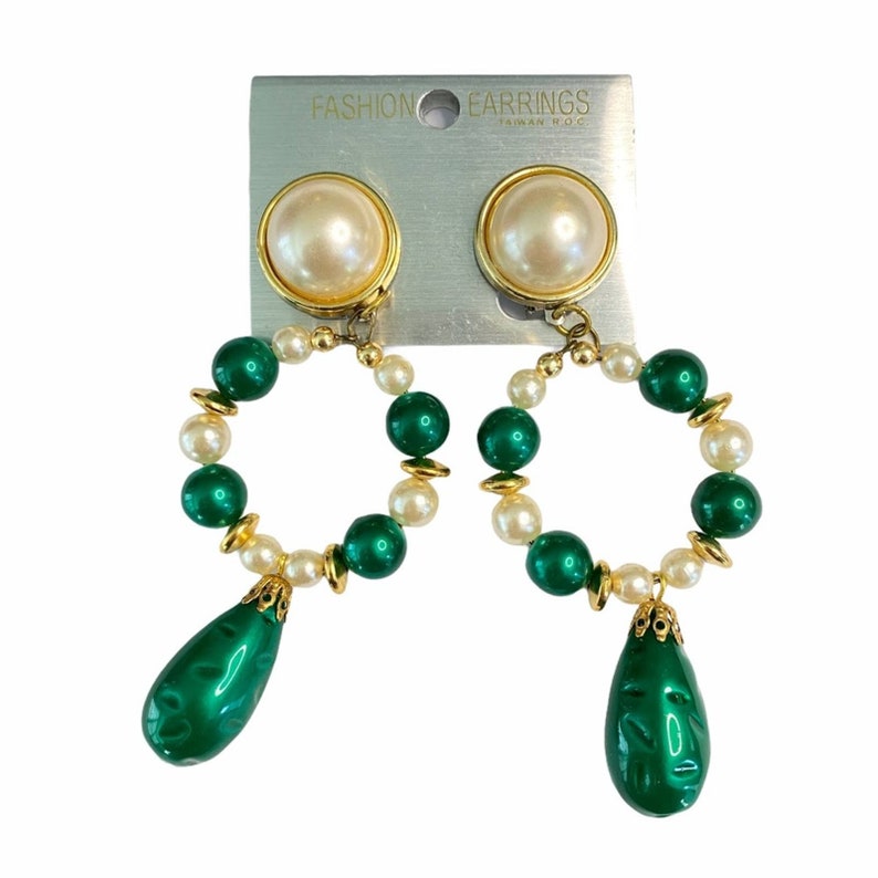 Vintage statement earrings, faux pearl, green image 1