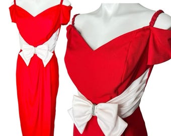 Glamorous 80s Bari Jay Vintage Red Evening Gown White Bow Rhinestone size Small
