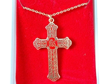 Vintage IHS Pectoral Cross Necklace Red Gold Tone Catholic Christian 18”