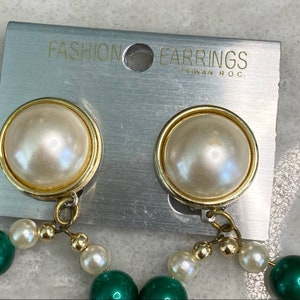 Vintage statement earrings, faux pearl, green image 4
