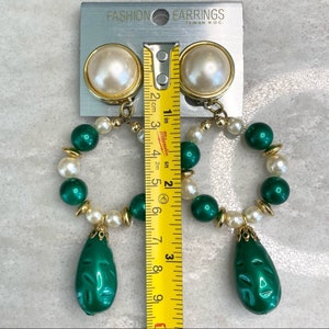 Vintage statement earrings, faux pearl, green image 3