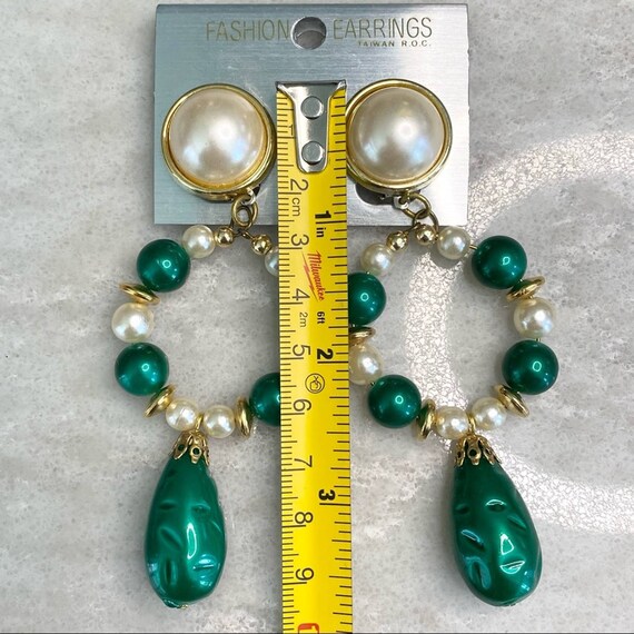 Vintage statement earrings, faux pearl, green - image 3