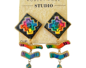 Vintage 1980s Robert Rose Studio Rainbow Paper Resin Clip On Earrings Geometric